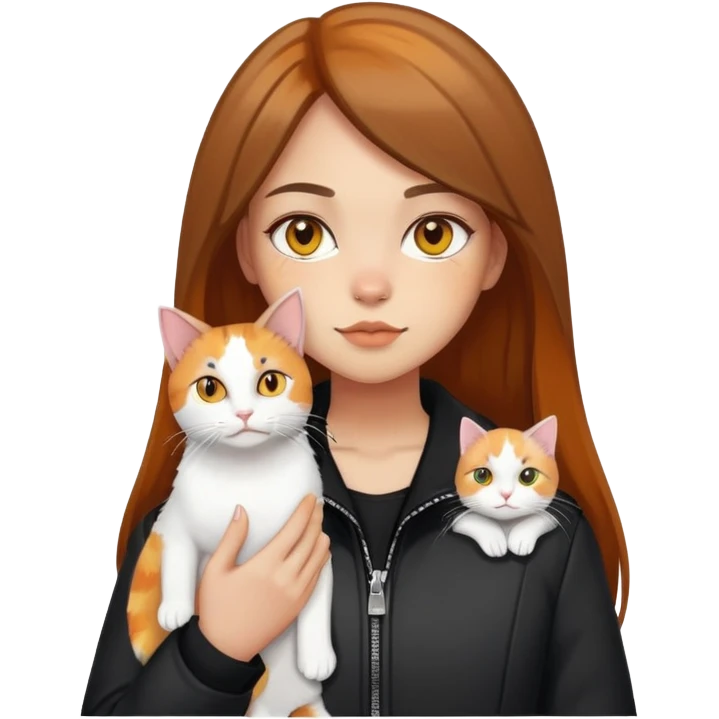 Light-skinned girl with brown straight hair wearing a black jacket, holding one pure white cat with yellow eyes and one calico cat with orange and black patches emoji