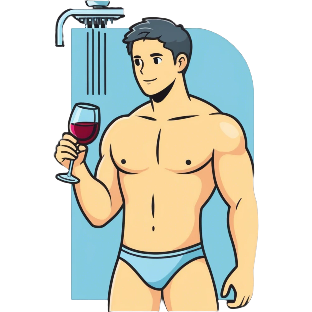 Scott drinking wine in the shower without a shirt emoji
