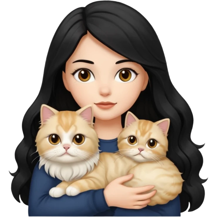 A white girl with brown eyes and black hair long downward wave is holding her blonde persian cat emoji