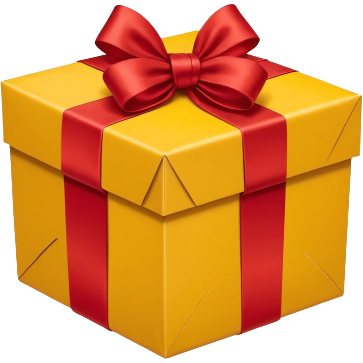 box with yellow wrapping paper and a length of red ribbon surrounding it on the ground so you can see most of the box's cardboard emoji