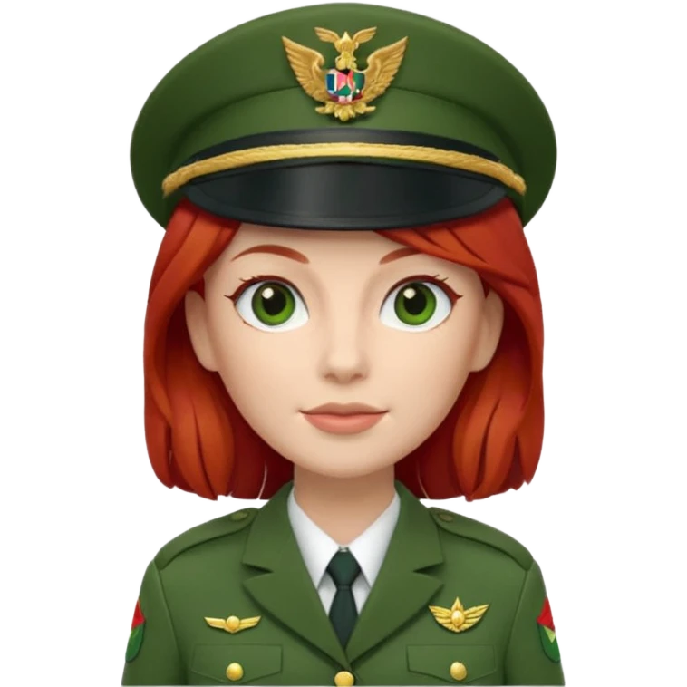 iOS Memoji style, white woman, red hair, green military officer uniform, peaked cap, 3D render, white background. emoji