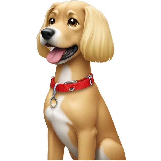 Put a Red dog collar on a blond white female with medium length hair and add a red leash connected to the collar emoji