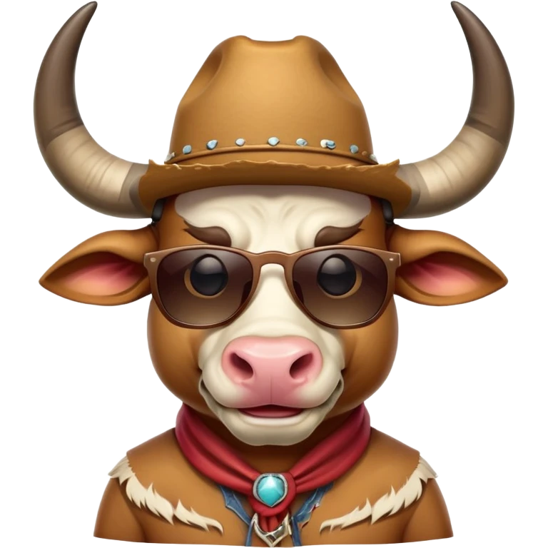 friendly anthropomorphised bull head with horns, wearing sunglasses and a cowboy hat emoji