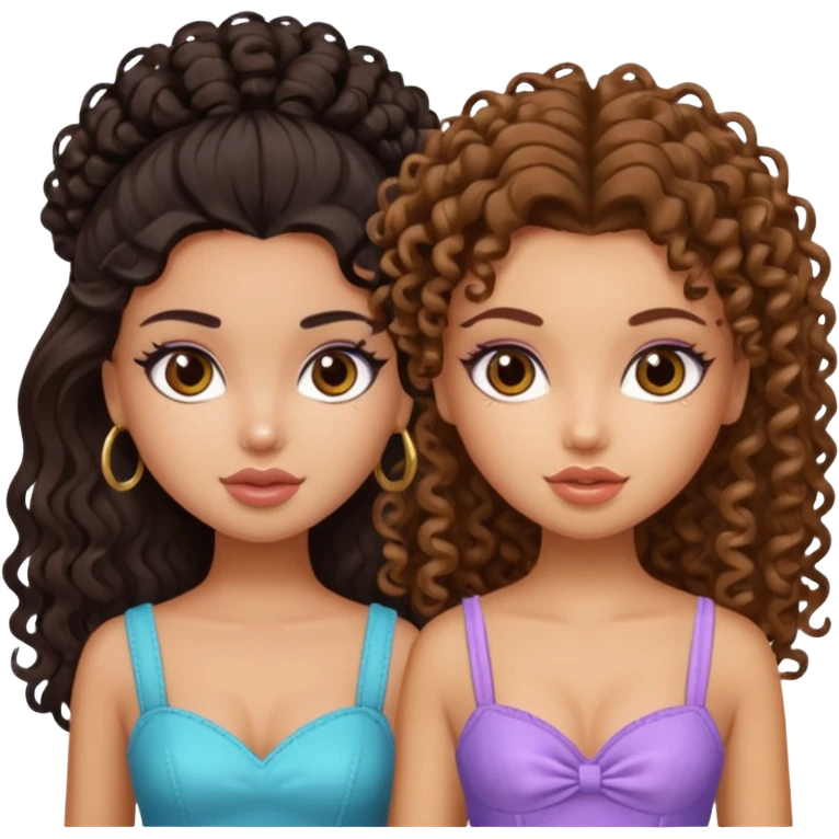 2 pretty bratz fair girls. One has straight brown hair and is tan. One is fair with curly black hair emoji
