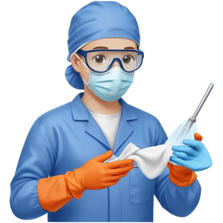 A meticulous cleanroom worker dressed in full protective gear, including a blue sterile suit, a face mask,  and orange gloves.  cleaning glasses with a wipe in one Hand emoji