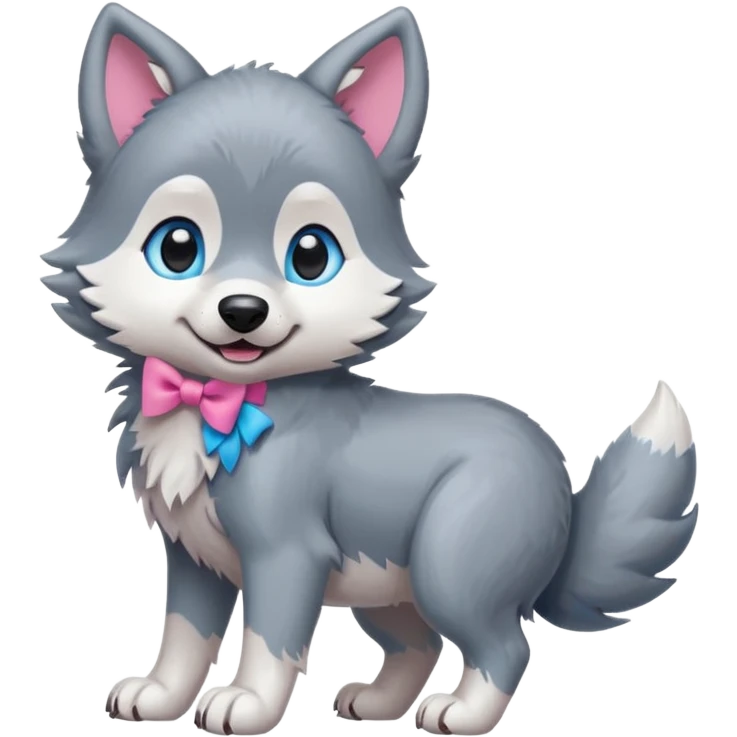an animated gif-style sticker emote of a wolf puppy bent forward in a playful pose wagging its tail in a smooth, natural arc over its back. It has a pink bow in front of its ear and bright blue eyes emoji