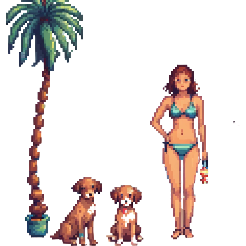 a woman in swimwear on a beach with a palm tree and a puppy, pixel art style emoji