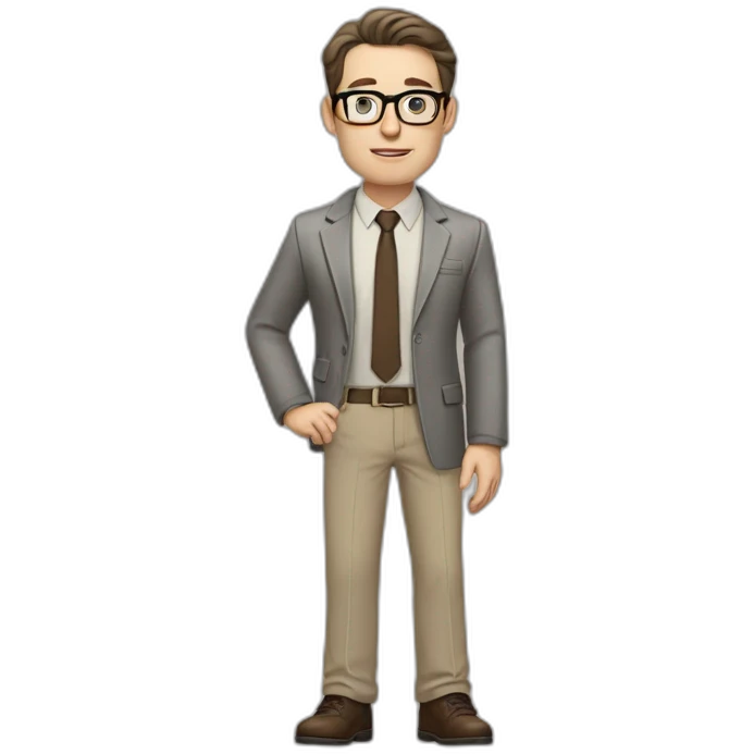Full height Gesticulating Pale skinned fit man with dark brown hair in gray jacket, beige office shirt, brown tie, brown pants and vintage glasses. emoji