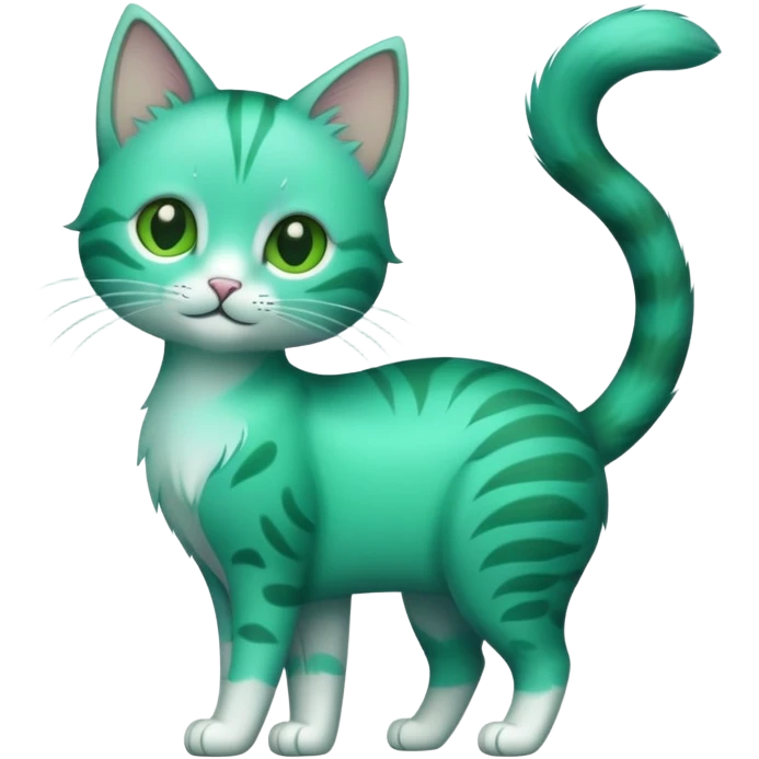 Standing, slenderCat with a green and teal fur  emoji