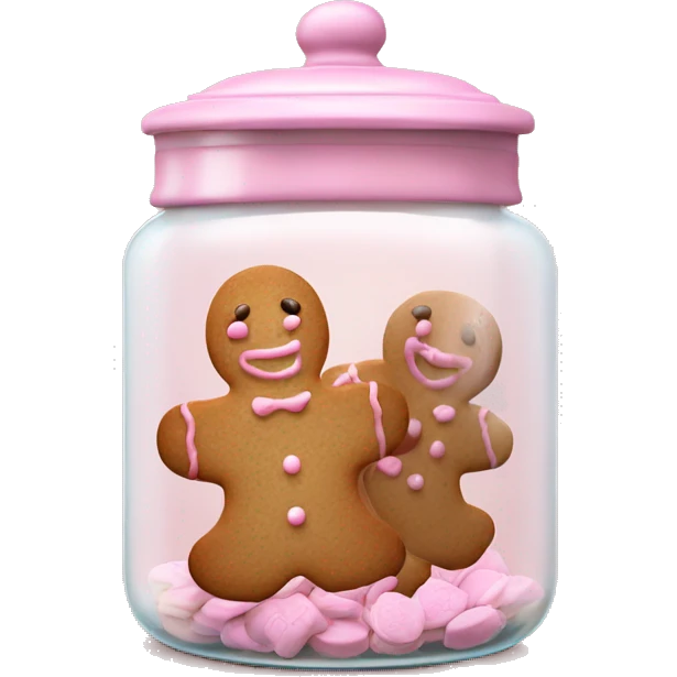 Realistic glass cookie jar with light pink lid full of gingerbread cookies isolated.  emoji