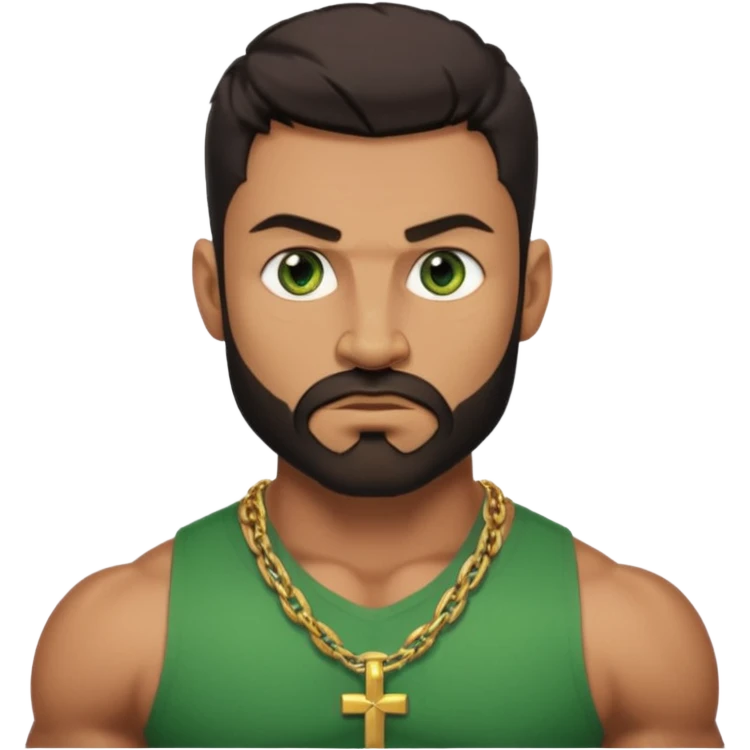 green eyes, dark short hair, muscular shoulders, wide cross, gold chain, big lips big nose big eyes, masculine good looking, dark beard, muscular strong looking emoji