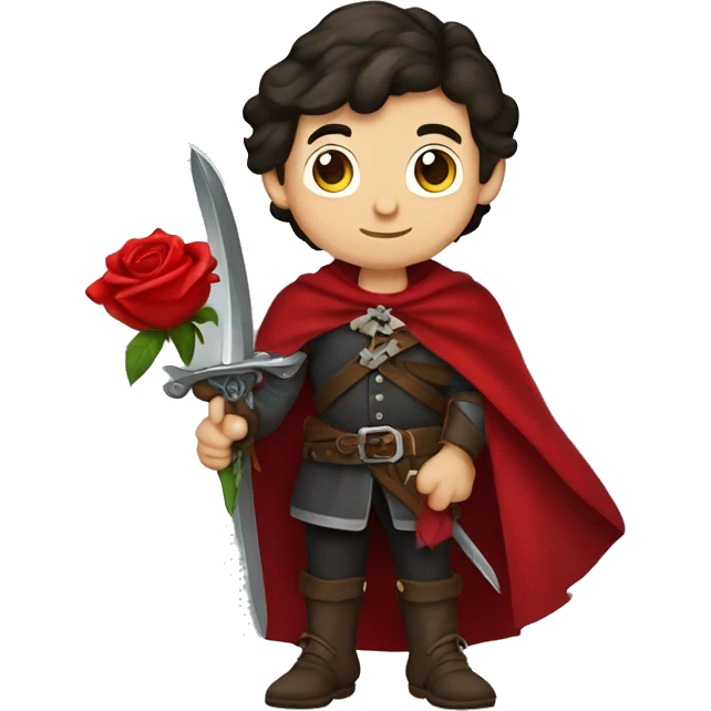 caucasian boy dark hair musketeer with red rose shoulder medieval cape and sword emoji