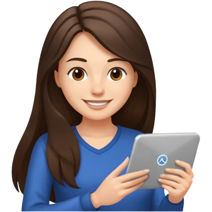 웃는 얼굴로 이메일 쓰는 브루넷 긴머리 여자 emoji