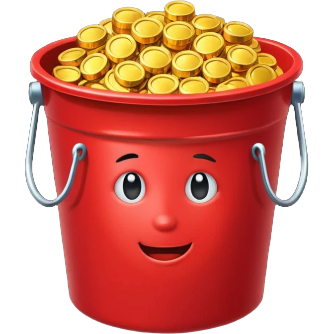 A red bucket full of gold emoji