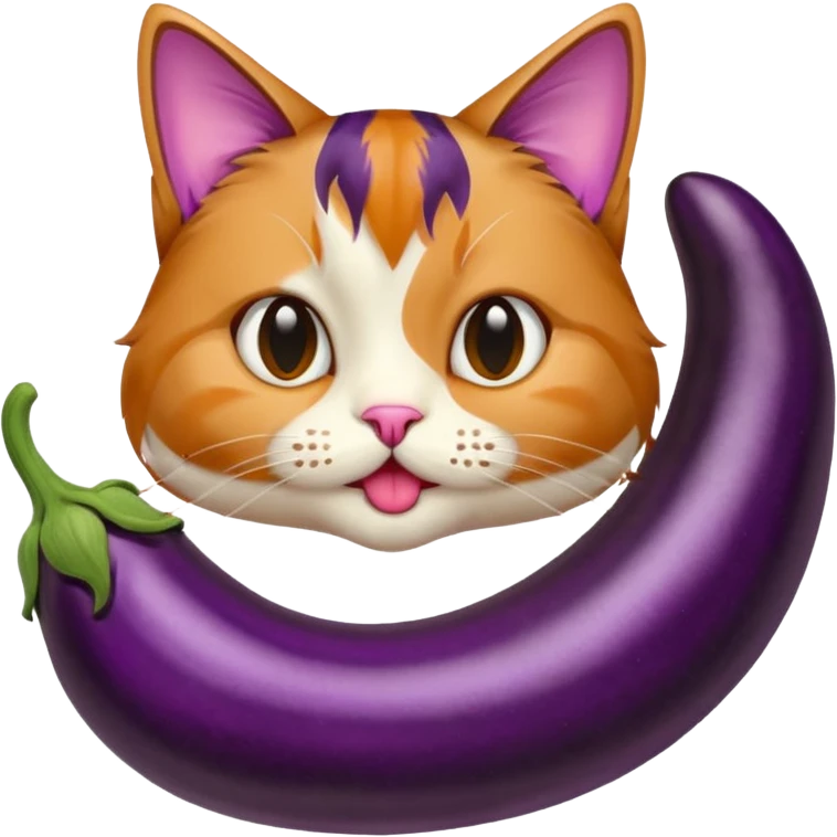 Hairy cat licking aubergine emoji