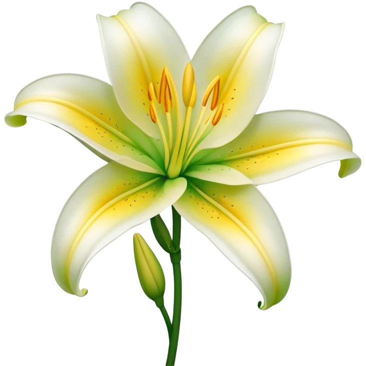 Cinematic Realistic Lily Emoji, Elegant and fragrant, with soft, white petals curling delicately around a golden-yellow stamen at its center. The long, slender green stem stands tall, supporting the vibrant bloom with its slightly curled tips. Soft glowing outline, capturing the essence of purity, elegance, and grace in a striking lily. emoji