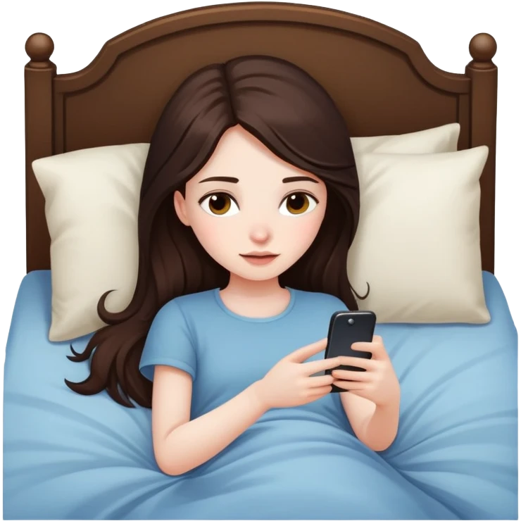 girl with long dark brown hair and pale laying in bed looking at her phone emoji
