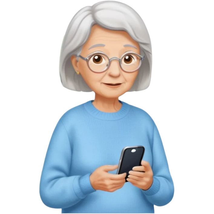 An old lady walking in a park holding a cell phone with a text bubble that says Have you checked in to the meetup? emoji