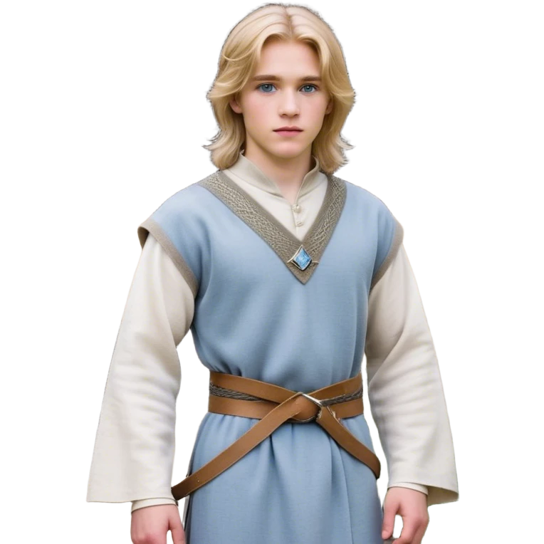 Medieval spring outfit worn by a DnD themed fantasy male character. Dove gray wool tunic with subtle silver threading at the edges, fastened with a woven belt of mixed natural fibers. Clothes only above the waist, full waist coverage. The character has no arms. Character is white-skinned with honey blonde hair, crystal blue eyes, and medium-length straight hair with wispy ends. emoji
