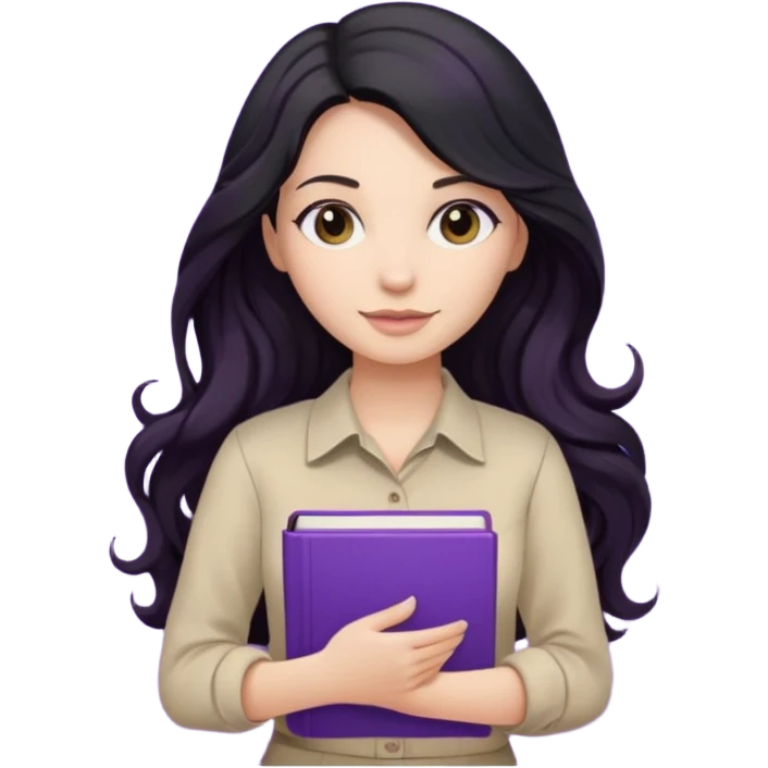 Long Hair Women with purple Book, Black wavy hair, beige shir, without background emoji