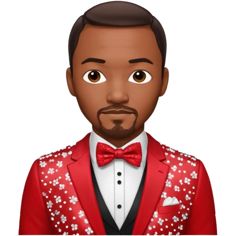Anthony Mackie with dark brown hair, red shirt, white sequin suit jacket with bow tie emoji
