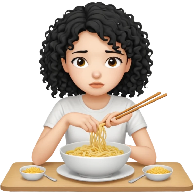 generate a pretty bratz fair skinned girl with curly black hair wearing a white tshirt sitting on a table with noodles. looking sleepy and tired emoji