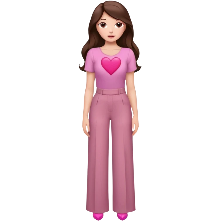  emoji, white person, inspired with brunette hair, brown eyes, long hair, heart shape lips and pink make up  and pink nails, mauve pink blush and brown wide leg pants, burgundy shoulder drop shirt, brown heels , princess hair, brown heels, no floating hearts  emoji