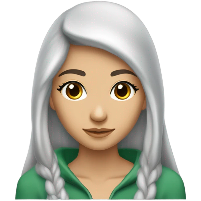 Jeune femme Elf de 18 ans avec de longs cheveux dans le dos et des mèches sur le visage, les cheveux gris clair, les yeux émeraude, une veste à capuche, une lance, qui manipule le vent, un regard de confiance emoji