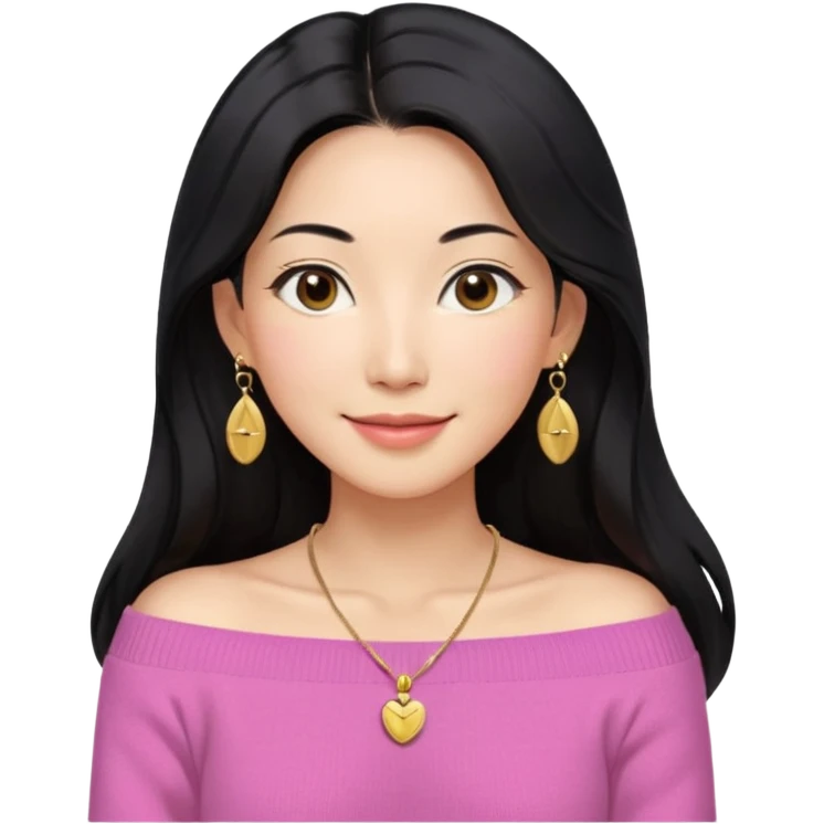 South Korean girl in her mid-thirties with long black hair with a middle part. She is wearing a pink, off the shoulder long sleeve knit sweater, extra small gold earrings and a gold necklace. She has brown eyes with narrow, mono lid shape and smiling with lips together emoji