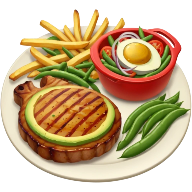 pork chops, fries, tomato onion salad, beans, and avocado on the side  emoji