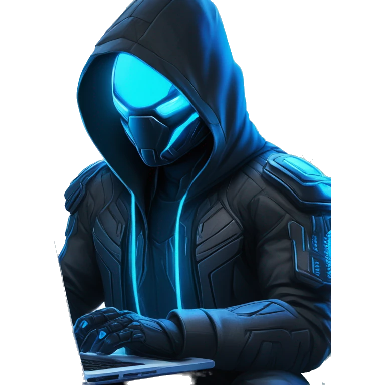 developer behind his laptop with this style : crysis Cyberpunk Riot Games Valorant neon glowing bright blue character blue black hooded assassin themed character emoji