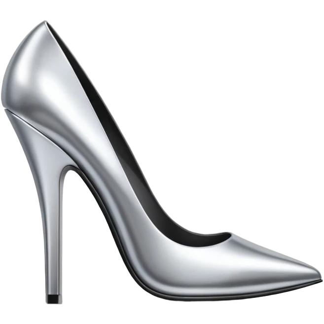 A pair of high heel shoes emoji made of polished silver chrome, elegant sharp silhouette, smooth metallic surface, glossy reflections, luxury sexy vibe, minimalistic iOS emoji style, centered, clean white background emoji
