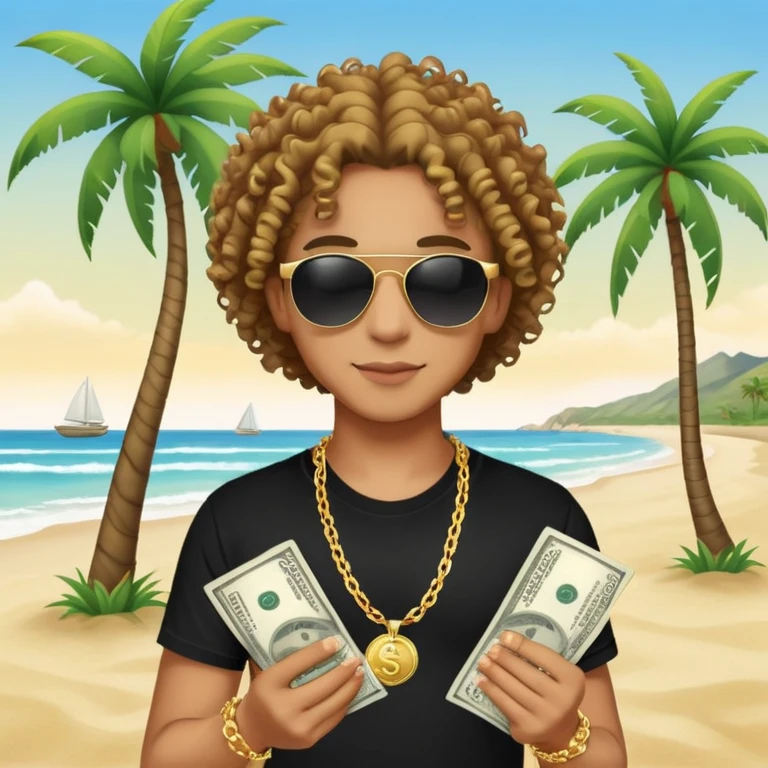 Mixed-race person with curly hair, black t-shirt, gold chain necklace, holding dollar bills in both hands, wearing black sunglasses, beach with palm trees in background emoji