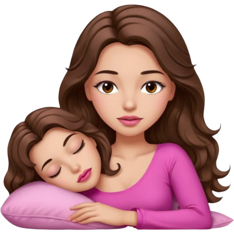 girl with long wavy brown hair, brown eyes, long lashes makeup, sexy pink lips, light to medium complexion, wearing a pink sexy top, sleeping emoji