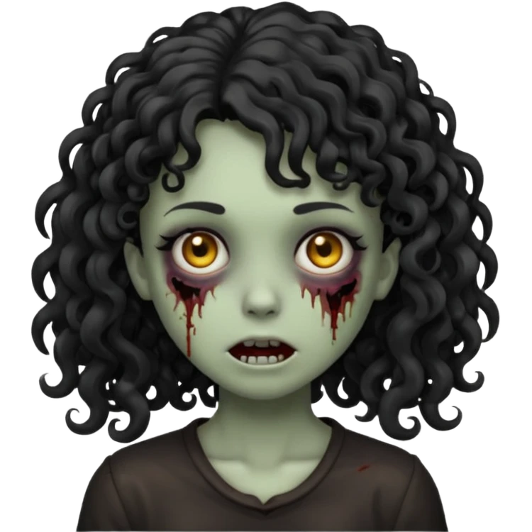 Emoji garota zombie sem ferimentos no rosto com cabelo preto cacheado longo com franja cacheada sem volume emoji