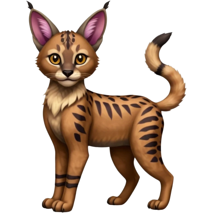 A Colorful  exotic tropical tribal cute happy realistic esoteric patterned fluffy furry dark caracal-Lykoi-bobcat-sphynx-genet-serval-Fakémon-fursona-hybrid-fusion-animal-creature, full body, 4-legged emoji