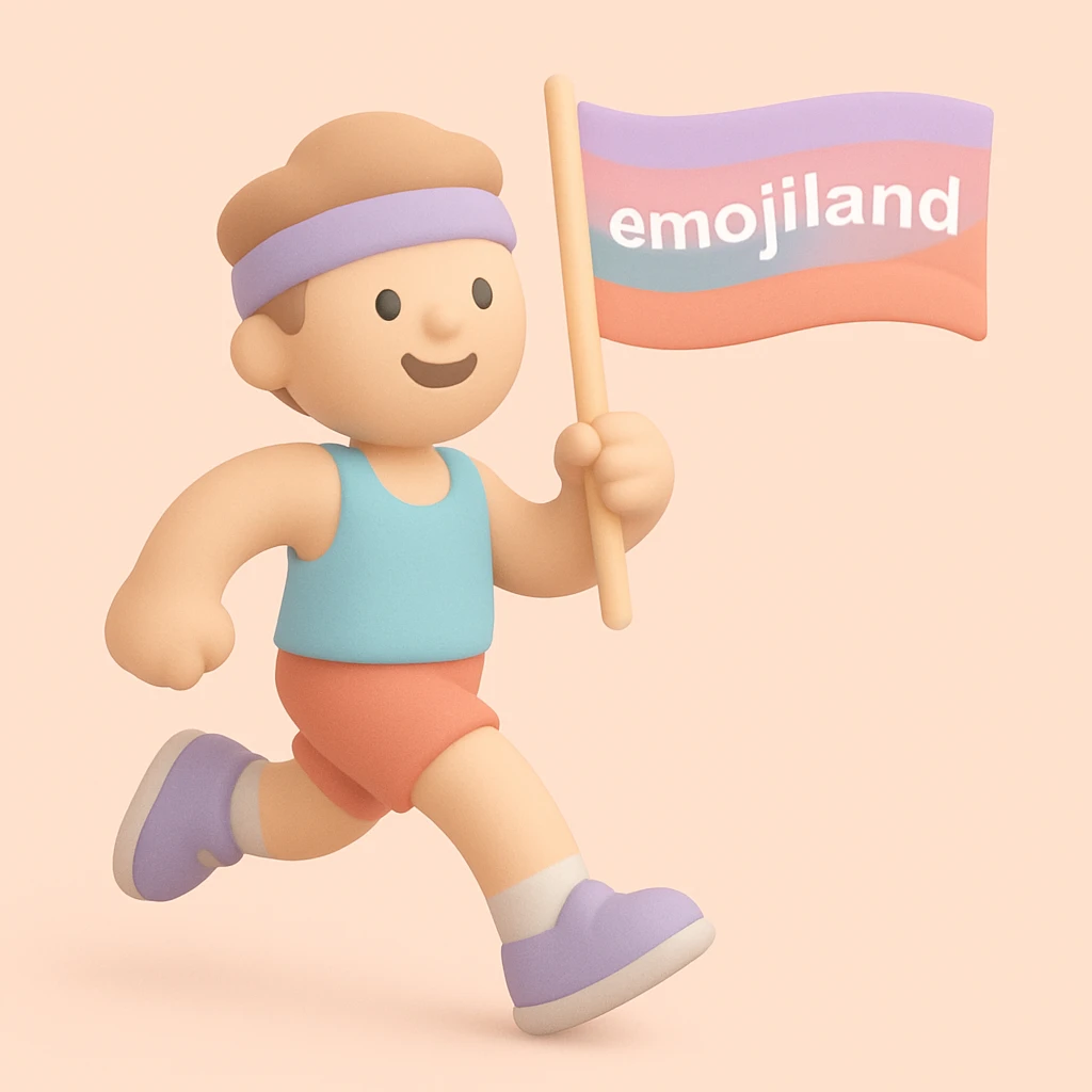 happy runner waving a flag that says 'emojiland' emoji