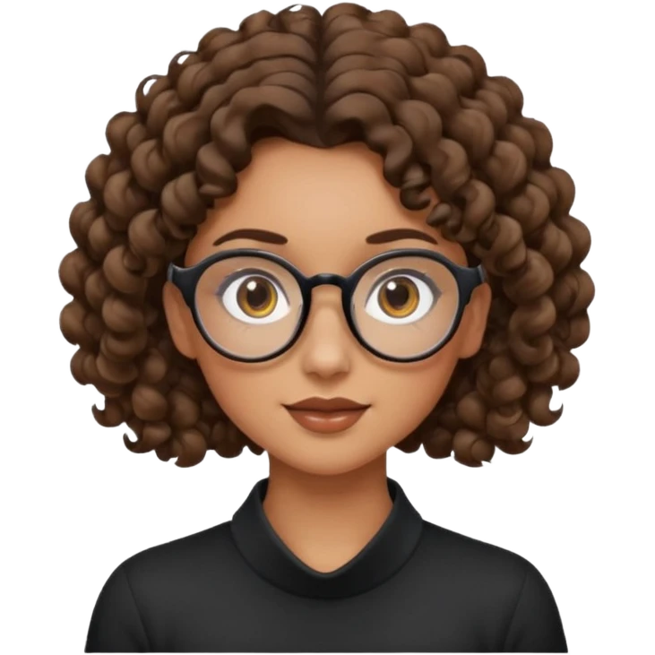 un chica con pelo rizado tiene hecha una coleta y con dos rizos sueltos en la parte de alante que le llega hasta el cuello. luego pil un poco morena ojos marrones y tiene gafas negras y son exagonales pero un poco redondeadas. emoji