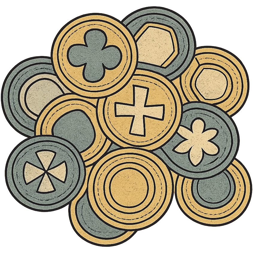 pile of coins not stacked, classic look, green gold and white color scheme, elegant lines, decorative details emoji