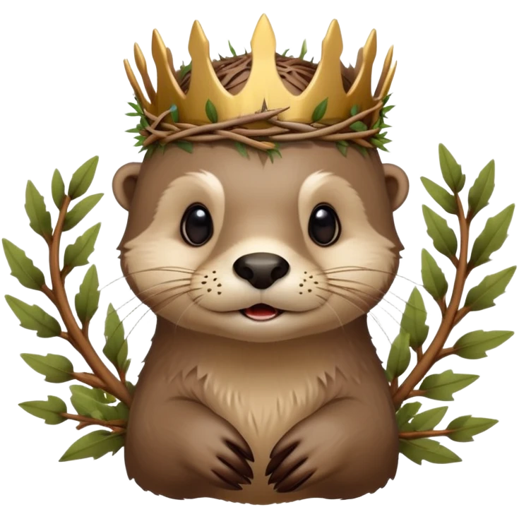 cute confused otter face with natural twisted thorny bramble branches wrapped around head, wooden Crown of thorns emoji
