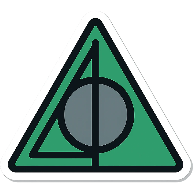 digital sticker of the Deathly Hallows symbol, semi-realistic vector art style, clean outlines, flat green, black, and gray colors, slight shadows, arranged for a sticker sheet emoji