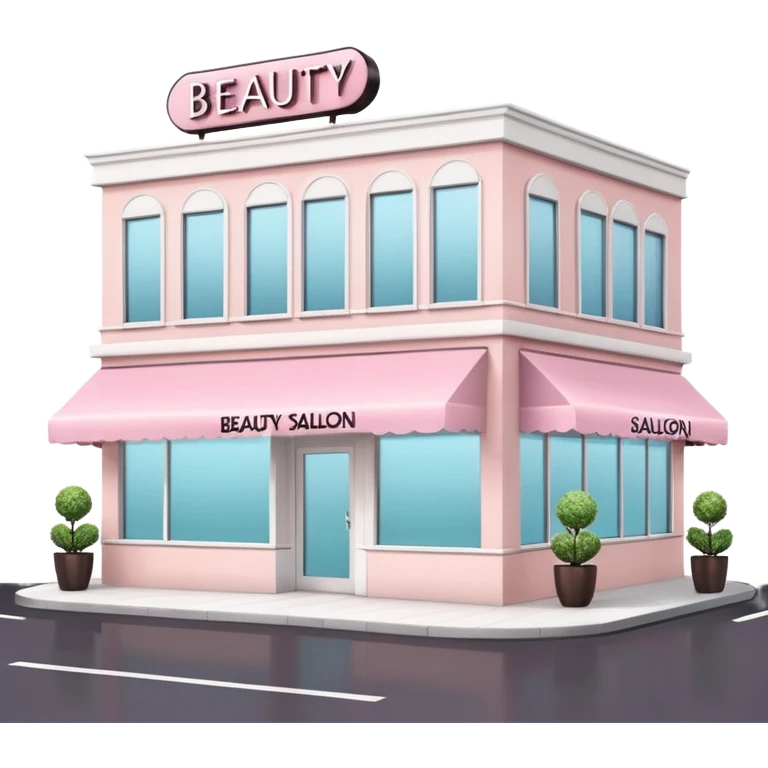 Modern beauty salon building with a stylish illuminated sign that says BEAUTY SALON on the front. Elegant exterior design, large clean windows, soft pastel colors, minimalistic decorations, welcoming atmosphere, daytime, high-quality detailed render emoji