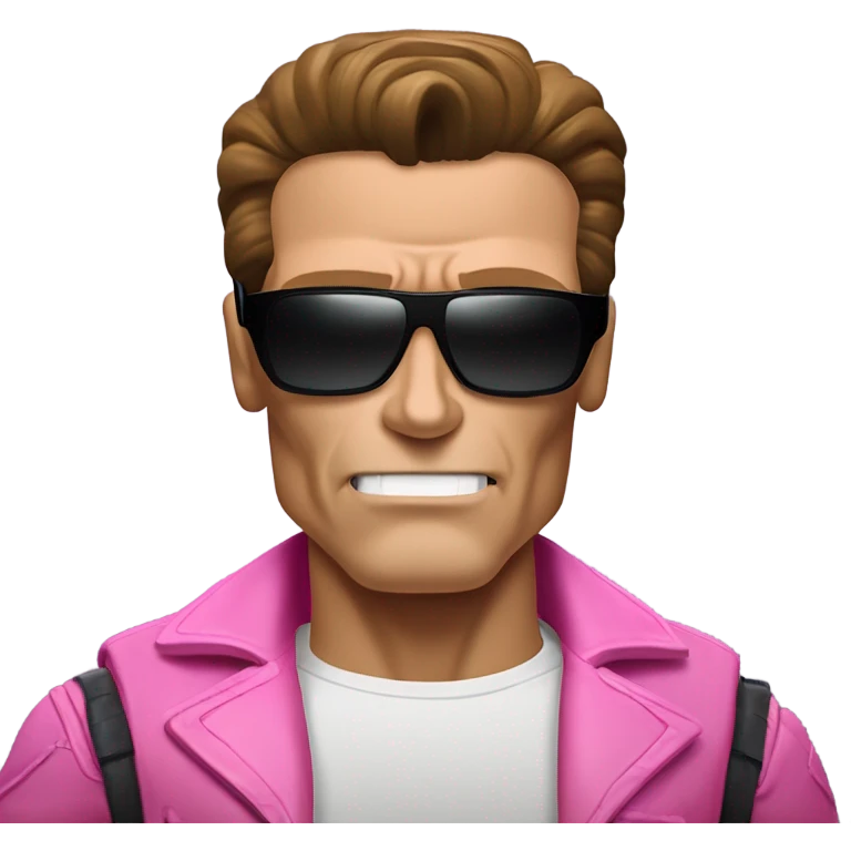Schwarzenegger-like Terminator, upper body only, wearing his iconic clothes in pink (all clothes must be pink), looking more human with minimal robotic details, and wearing dark sunglasses, hair must be dark emoji