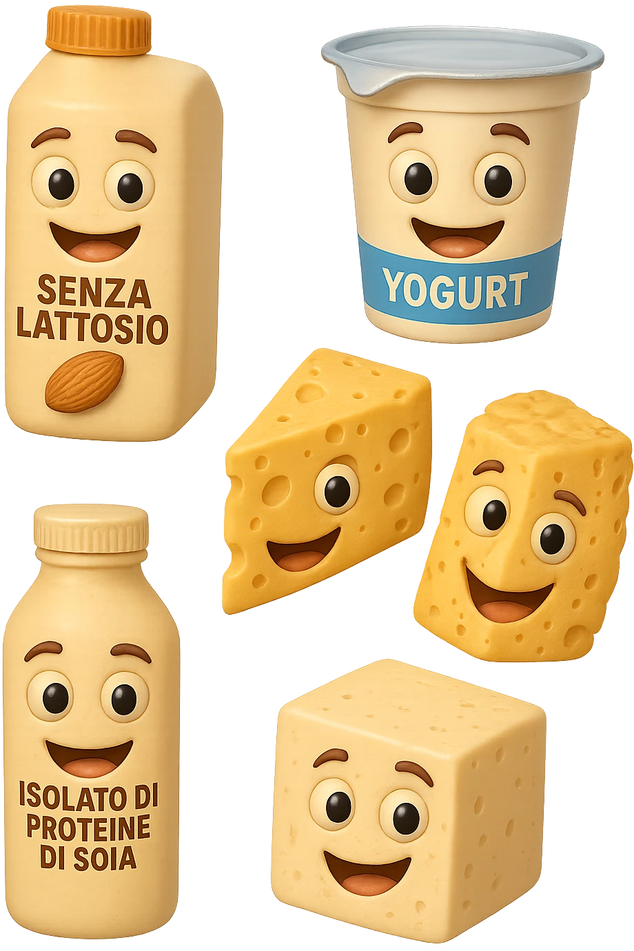 emoji stile iphone 3d di Latte e yogurt delattosati in italiano
Latte di mandorla (non zuccherato)
Latte di soia da proteine isolate
Formaggi stagionati (es. parmigiano)
Tofu compatto e tempeh
 che fluttuano in aria, iperealistico 4k emoji