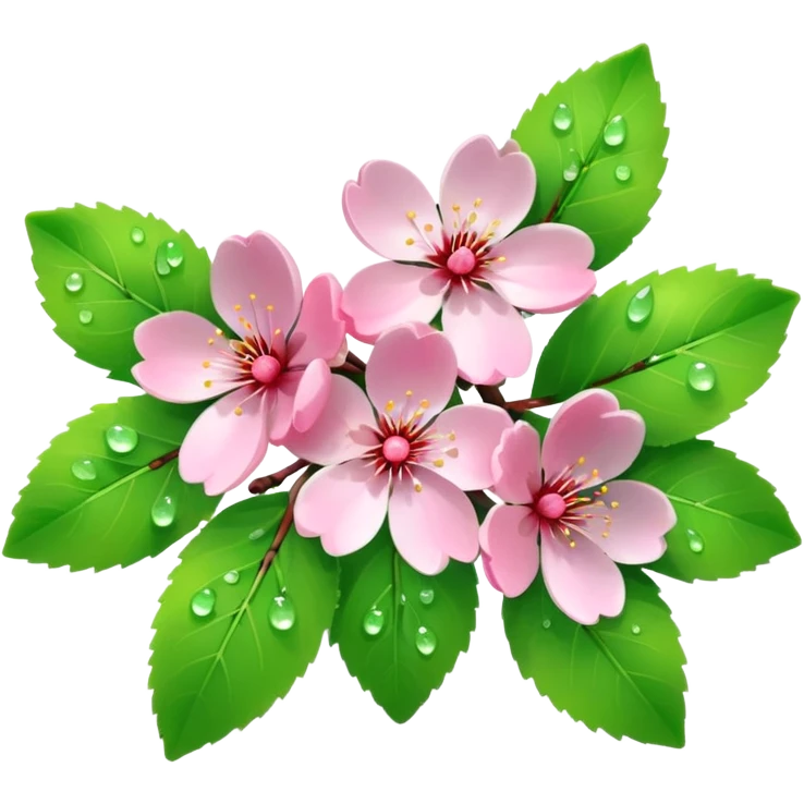 Realistic cherry, blossom flowers, high definition, dew drops, realistic vibrant green leaves emoji