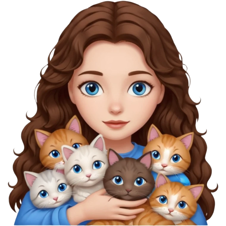 girl with long wavy brown hair, blue eyes, long lashes makeup, cuddling with 6 cats emoji