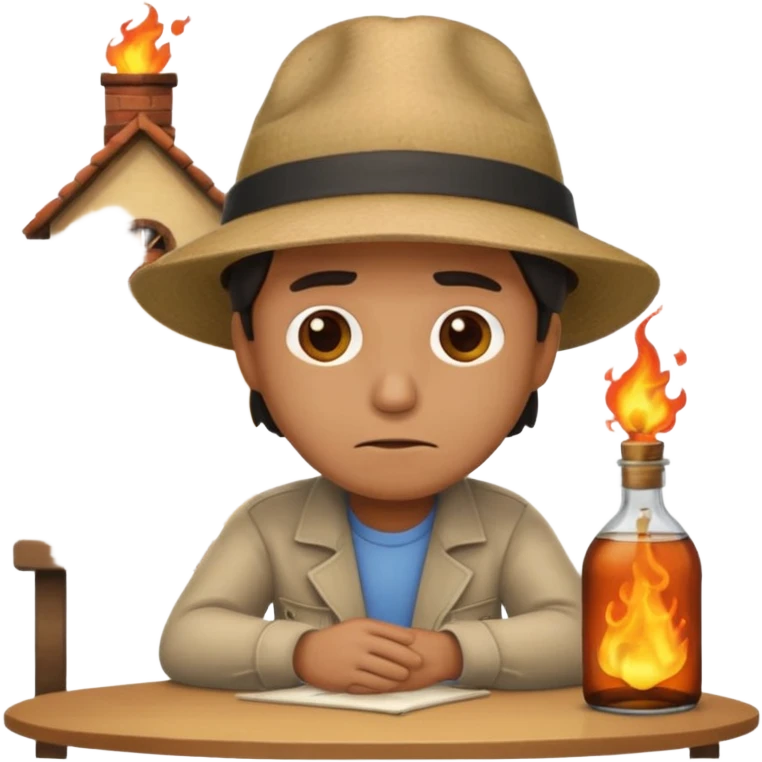 apple style emoji of a man at a table with a bottle, sad expression, house burning in the background emoji