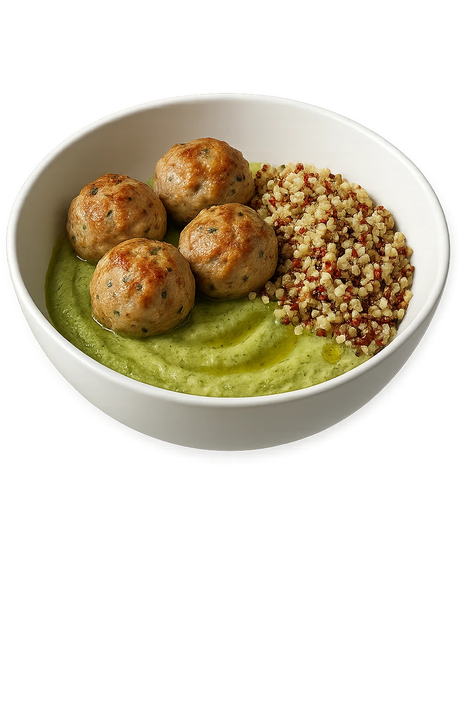 bowl bianca fluttua in aria con polpette di tacchino, purè di zucchine, quinoa e olio di oliva, iperrealistico 4k emoji