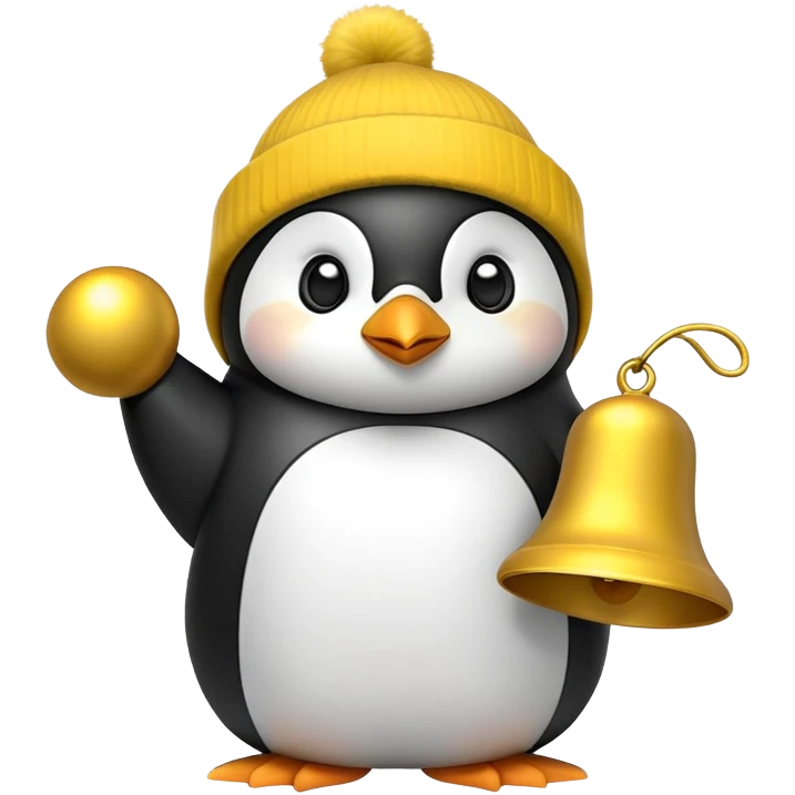 Penguin with yellow beanie ringing giant bell emoji