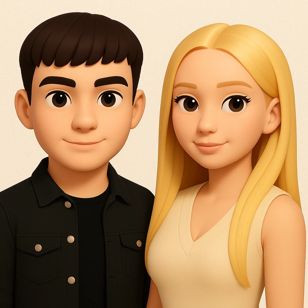 Slightly increase the volume of the upper body of the girl, separate the girl and the boy from each other, and make the skin color the same for both characters. Maintain the cartoonish 3D style in the edit. emoji